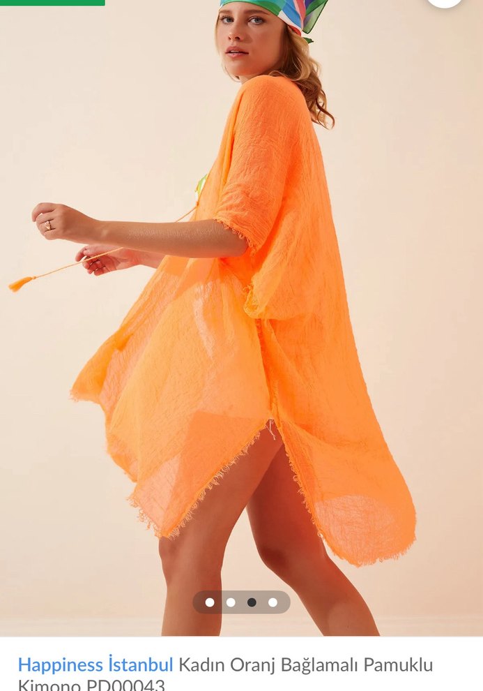 Kadın Turuncu Bağlamalı Pamuklu Kimono - Görsel 2