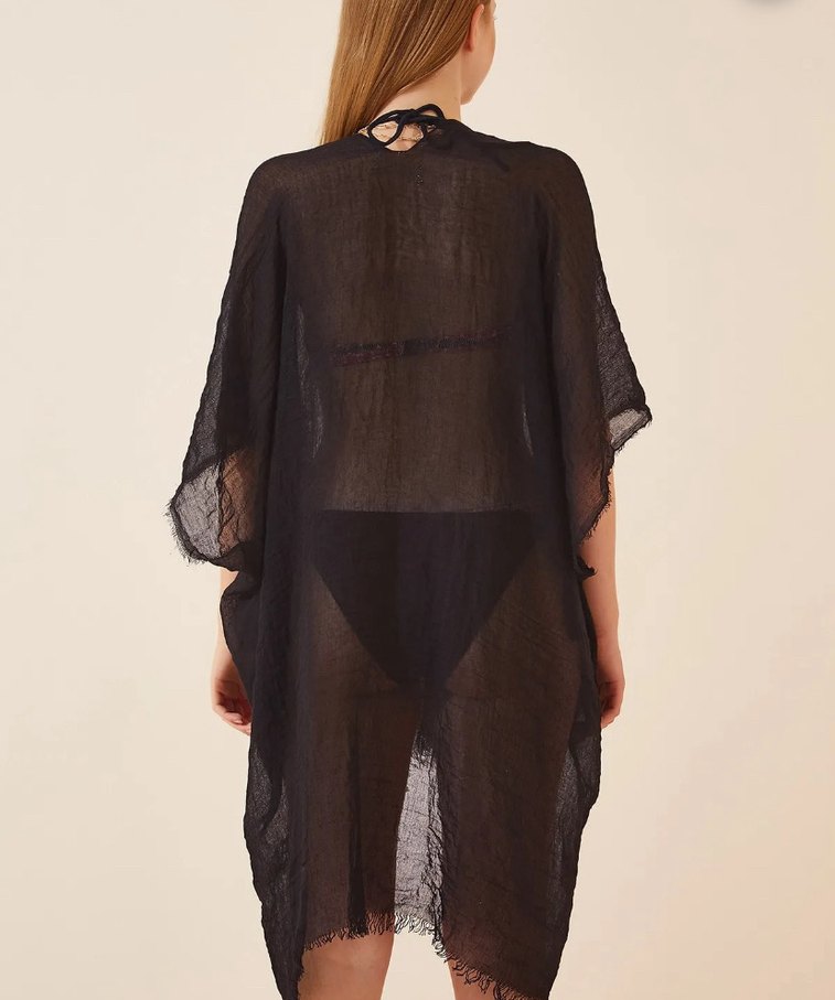 Happiness İstanbul Siyah Bağlamalı Pamuklu Kimono - Görsel 2