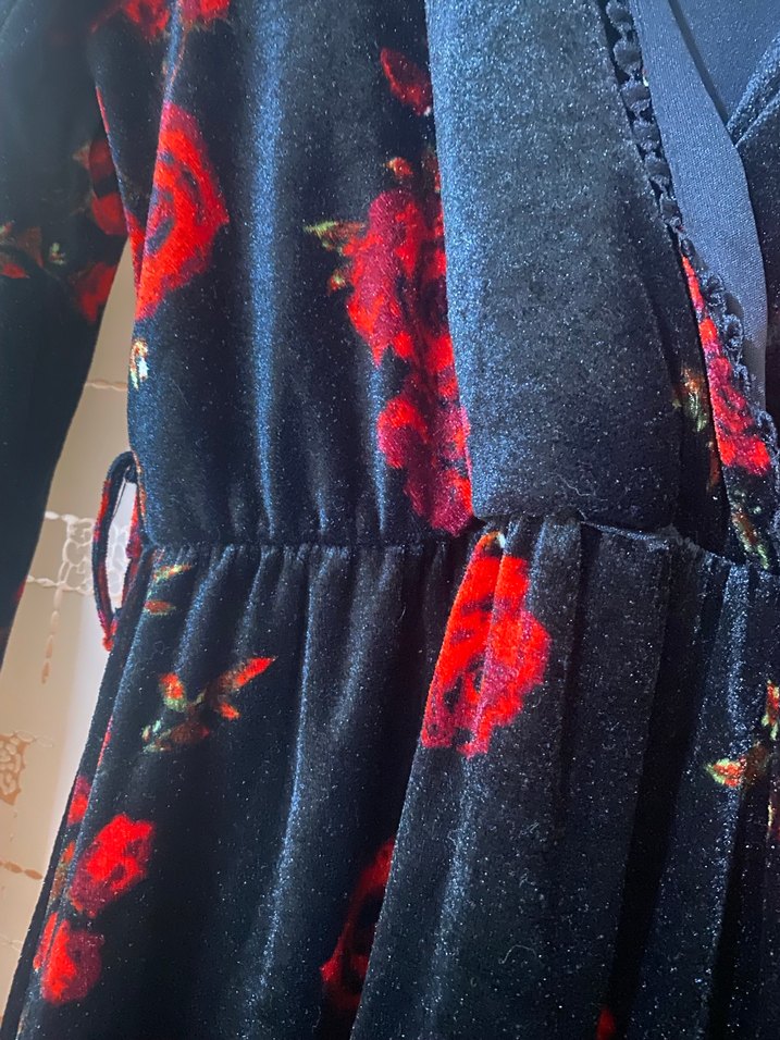 Kırmızı Gül Desenli Uzun Kollu Kadife Elbise - Görsel 2