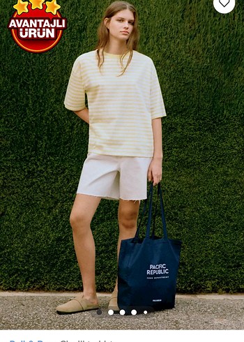 Pull and Bear Sarı Beyaz Çizgili Kadın Tişört