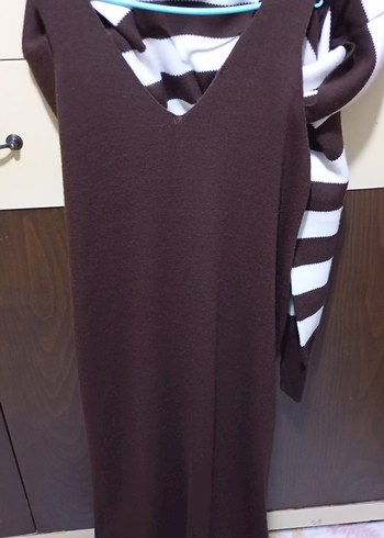 Uzun Kollu Kahverengi Çizgili Örgü Kazak - Görsel 5