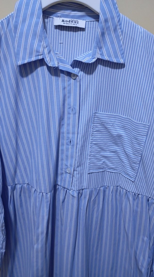 Mavi Çizgili Pamuklu Uzun Elbise - Görsel 4