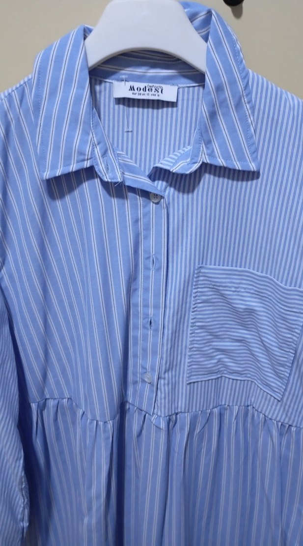 Mavi Çizgili Pamuklu Uzun Elbise - Görsel 3