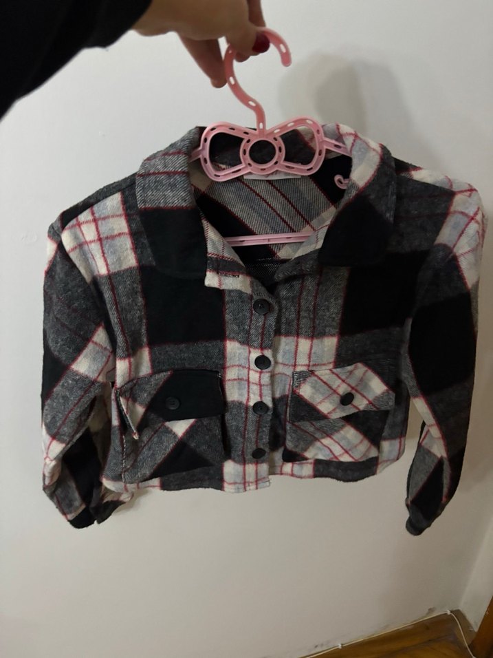 Düğmeli Gri Ekose Kadın Kısa Oduncu Gömlek - Görsel 3