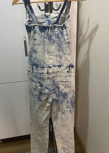 m Beden Kadın Gri Mavi Batik Desenli Uzun Kot Tulum