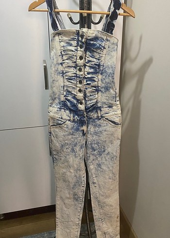 Kadın Gri Mavi Batik Desenli Uzun Kot Tulum