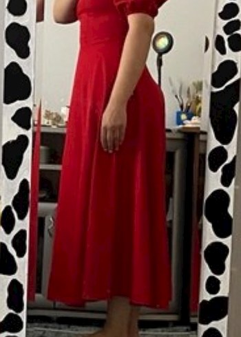 Kısa Kollu Kırmızı Midi Elbise - Görsel 3