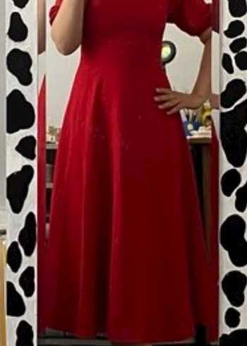 Kısa Kollu Kırmızı Midi Elbise - Görsel 4