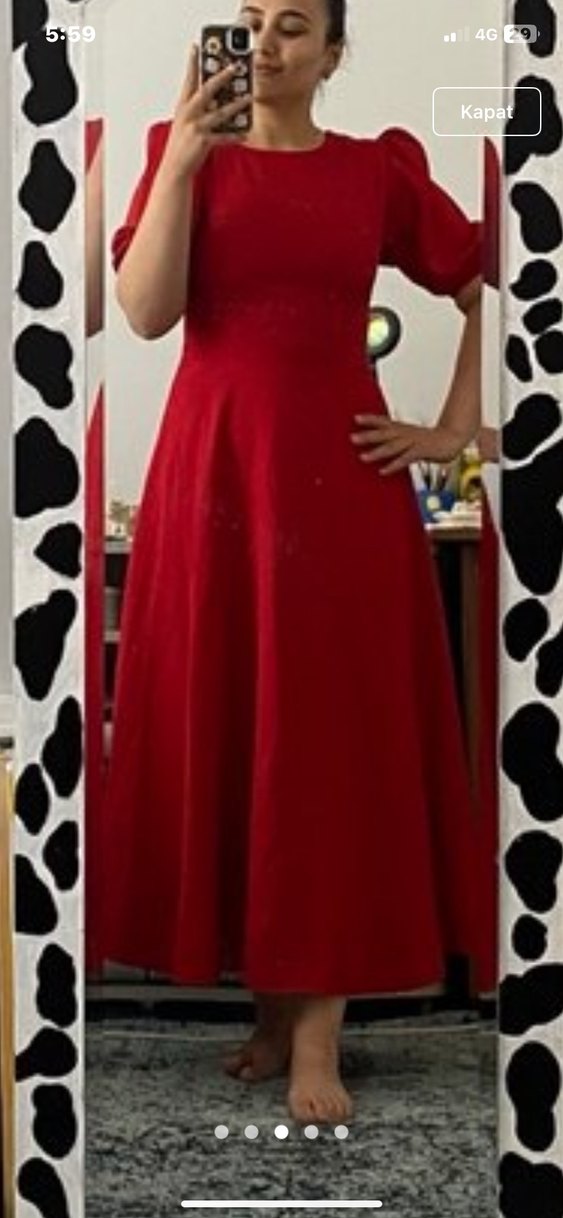 Kısa Kollu Kırmızı Midi Elbise - Görsel 4