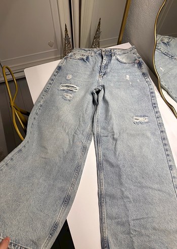 Düğmeli Gri Mavi Rahat Kesim Kadın Kot Pantolon - Görsel 2