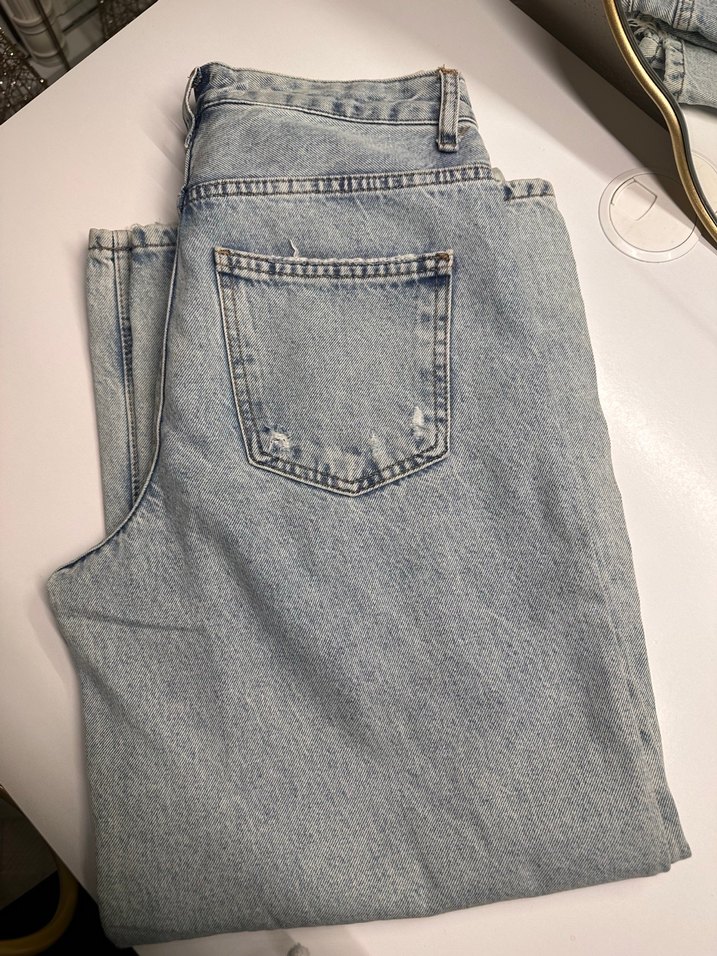 Düğmeli Gri Mavi Rahat Kesim Kadın Kot Pantolon - Görsel 4