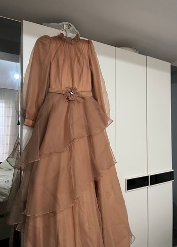 Bej Uzun Kat Katlı  Kadın Elbise - Görsel 4