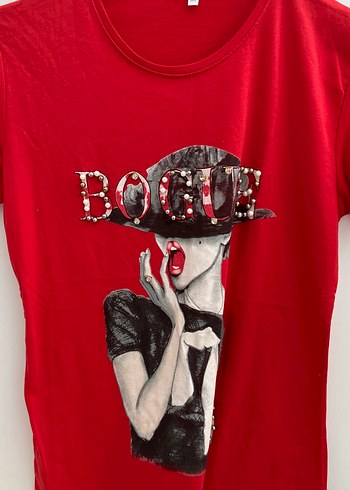 Kırmızı Rock Punk Baskılı Mini Tişört