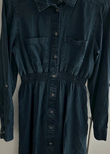 m Beden Düğmeli Lacivert Uzun Denim Elbise