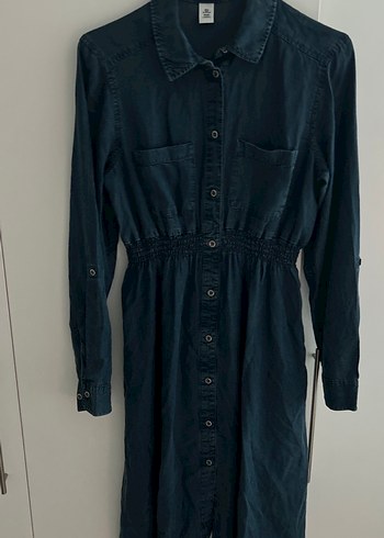 Düğmeli Lacivert Uzun Denim Elbise