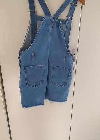 Kadın Mavi Denim Askılı Şort Tulum - Görsel 2