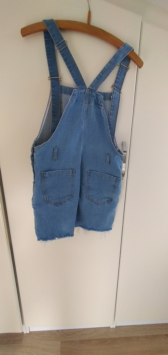 Kadın Mavi Denim Askılı Şort Tulum - Görsel 2