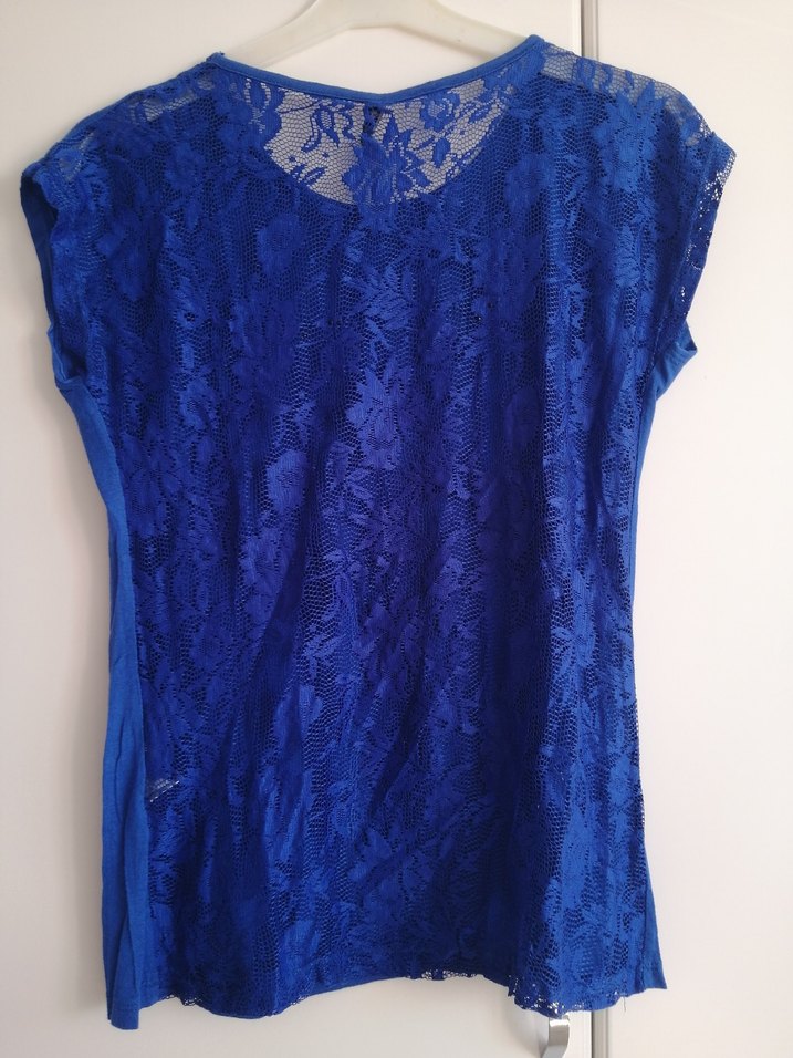 Mavi  Kedi desenli önü taşlı tişört - Görsel 3