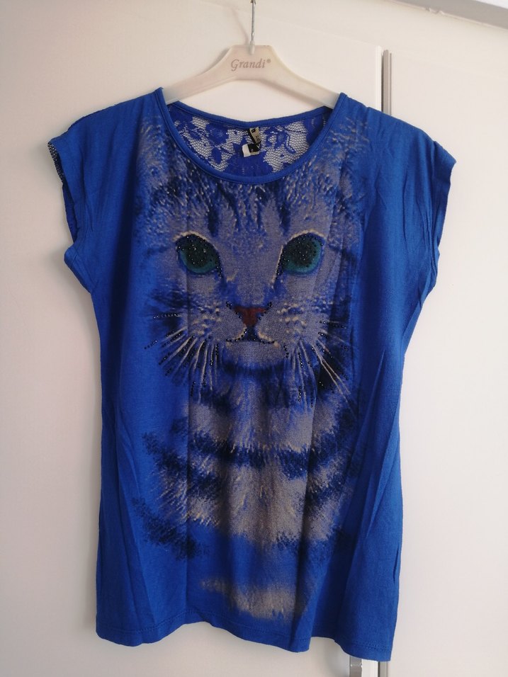 Mavi  Kedi desenli önü taşlı tişört - Görsel 2