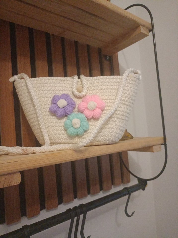 Çiçekli Örgü Beyaz çocuk Çantası - Görsel 3