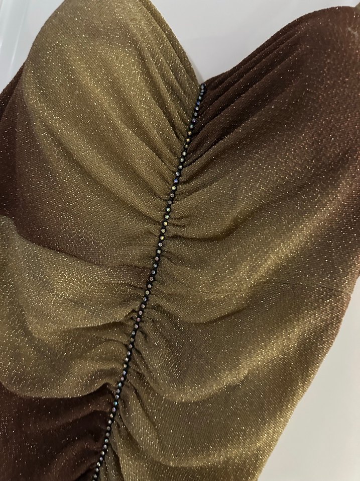 Kahverengi Drapeli Uzun Askılı Elbise - Görsel 2