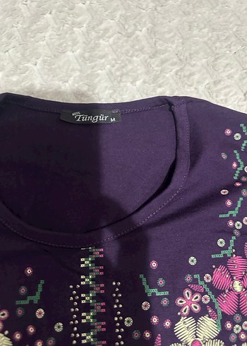 Mor Nakışlı Uzun Kollu Boncuklu Kadın Bluz - Görsel 2