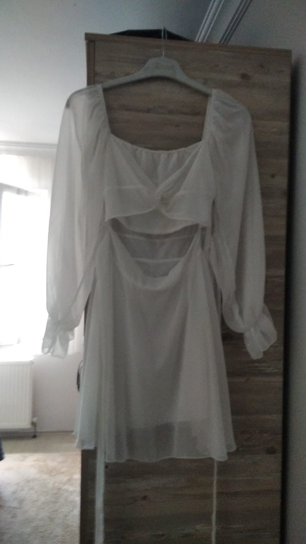 Beyaz Drapeli Mini Elbise - Görsel 2