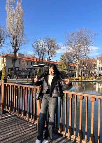 Kürklü Siyah Deri Biker Ceket - Görsel 3