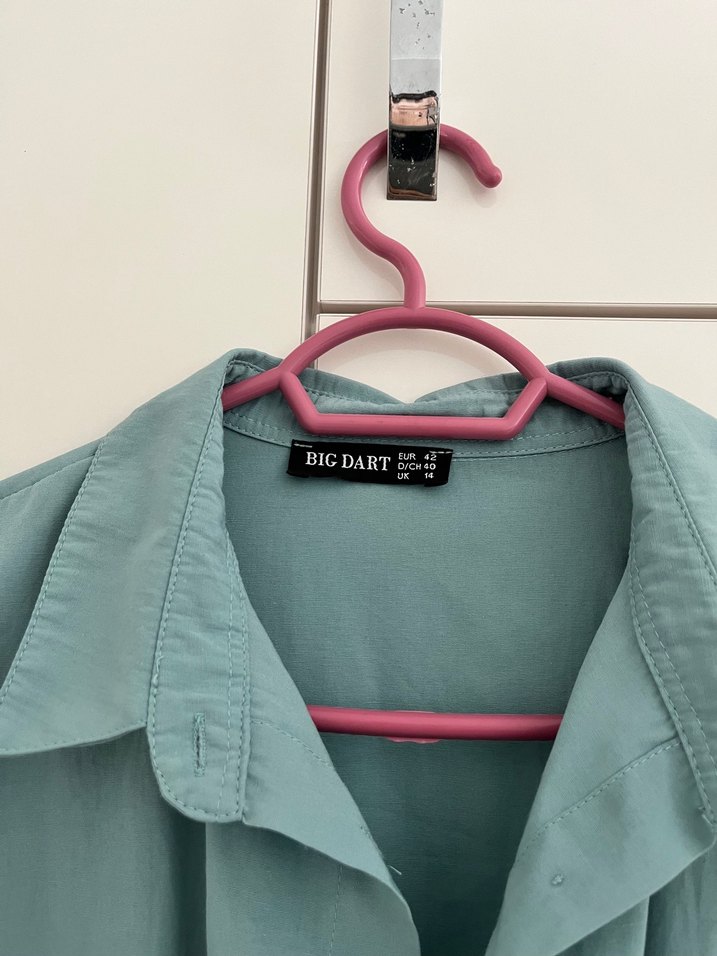 Düğmeli Turkuaz Keten Kadın Gömlek - Görsel 2