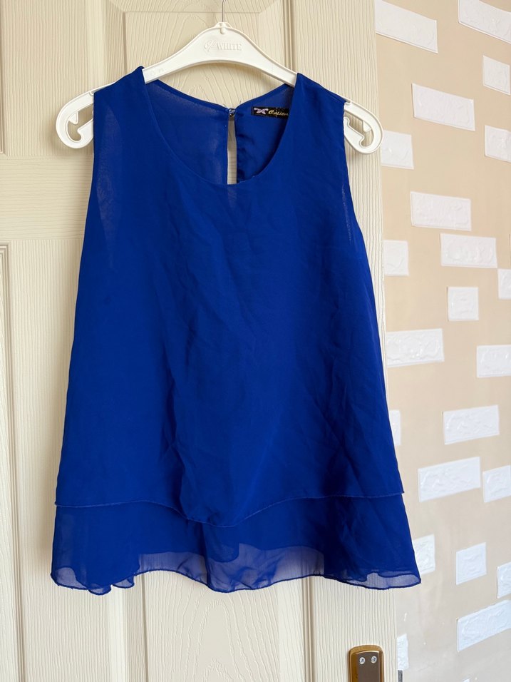 Mavi Kolsuz Salaş Saten Bluz - Görsel 2