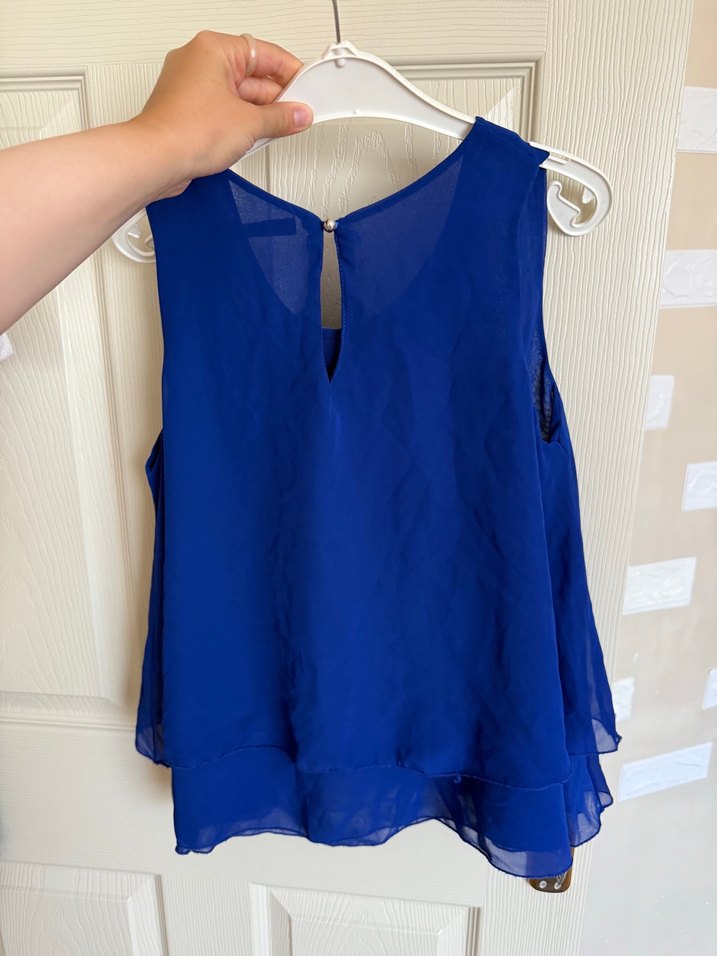 Mavi Kolsuz Salaş Saten Bluz - Görsel 5