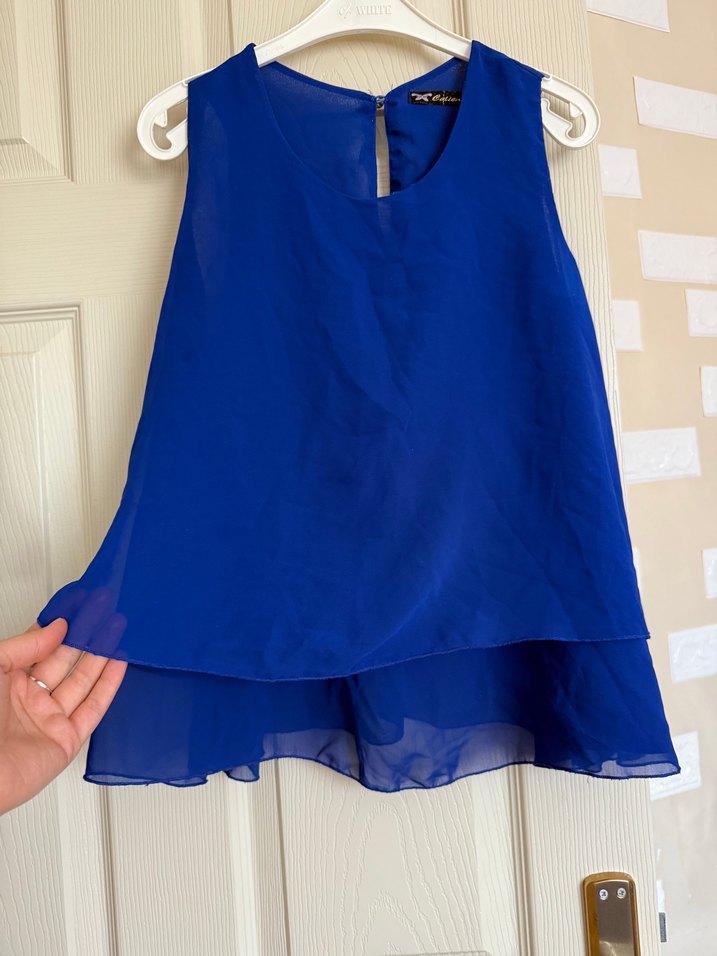 Mavi Kolsuz Salaş Saten Bluz - Görsel 3