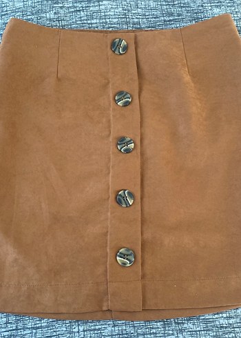 Düğmeli Kahverengi Süet Mini Etek - Görsel 2