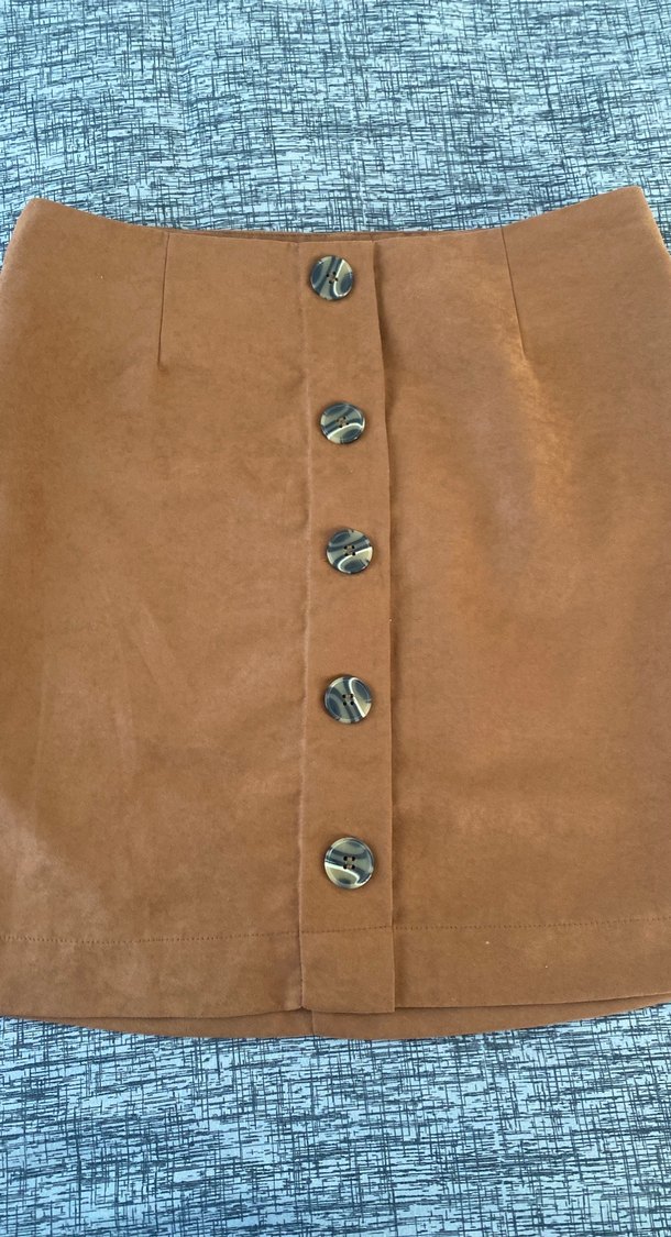 Düğmeli Kahverengi Süet Mini Etek - Görsel 2