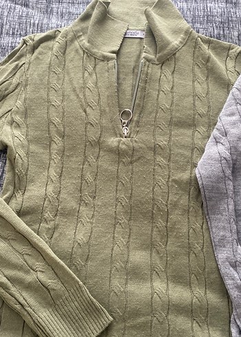 Gri Yarım Fermuarlı Örgü Kadın Kazak - Görsel 2