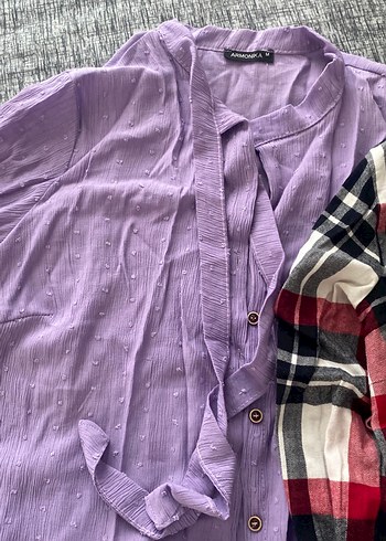 Mor Uzun Kollu Düğmeli Keten Gömlek - Görsel 3