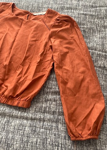 Kadın Kahverengi Keten Uzun Kollu Bluz - Görsel 2