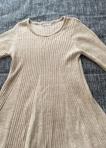 Bej Uzun Örme Keten Elbise - Görsel 2