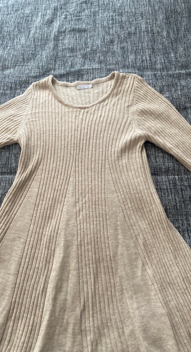 Bej Uzun Örme Keten Elbise - Görsel 2
