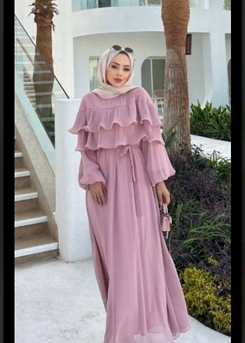 Pembe Uzun Kollu Fırfırlı Bohem Elbise