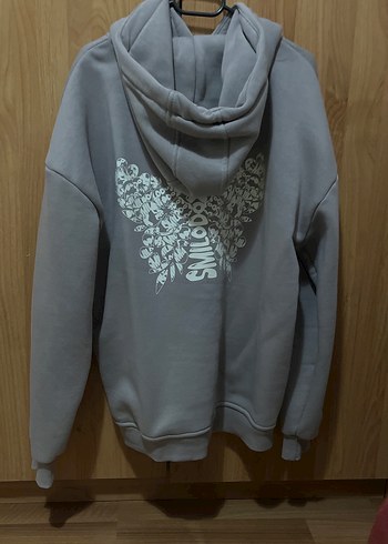 xs Beden camel Renk Gri Kapüşonlu Baskılı Kadın Sweatshirt