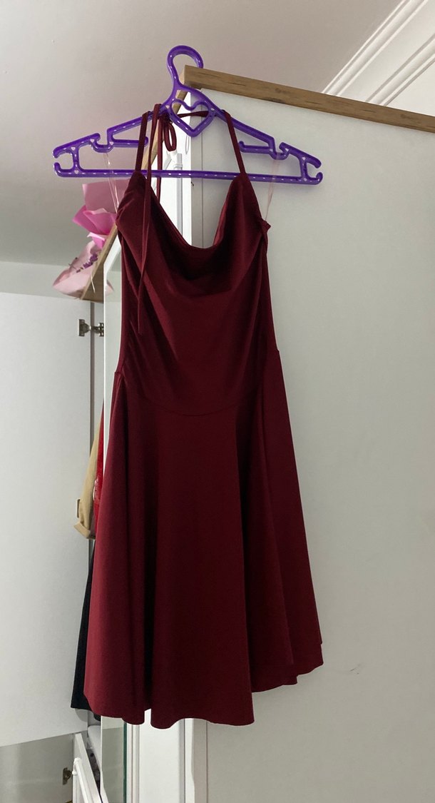 Bordo Askılı Mini Elbise - Görsel 2