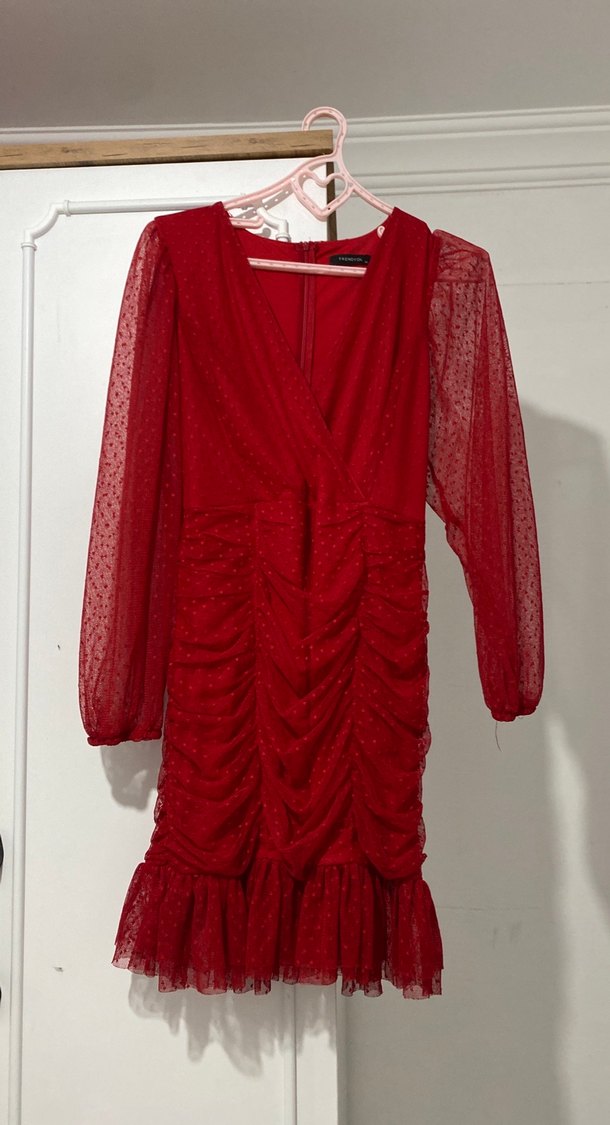 Uzun Kollu Kırmızı Drapeli Abiye Elbise - Görsel 4