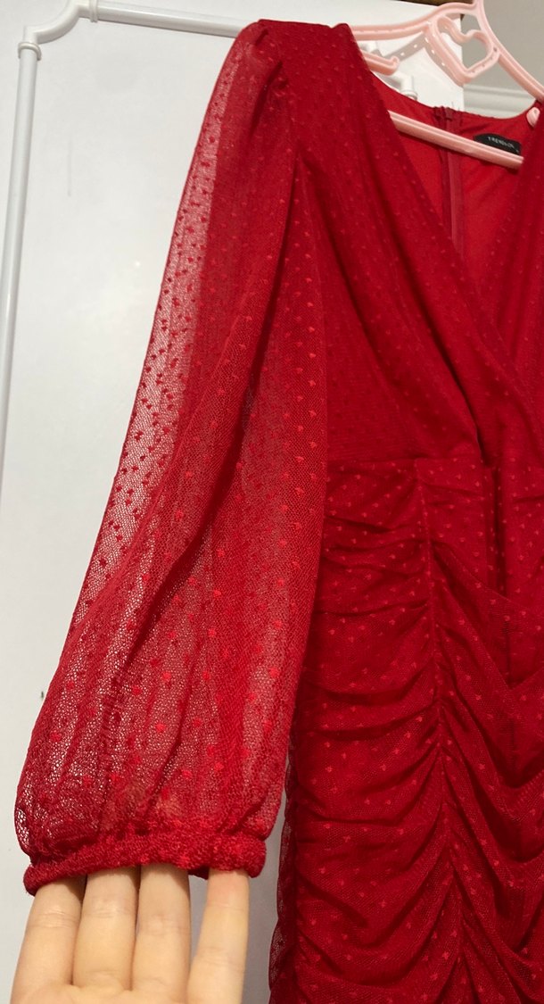 Uzun Kollu Kırmızı Drapeli Abiye Elbise - Görsel 2