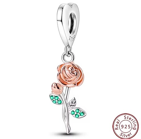 925 Ayar Gümüş Rose Yapraklı Gül Charm