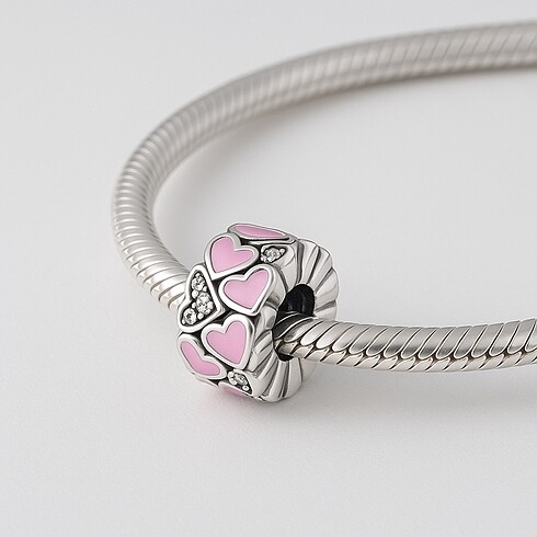 s925 Pembe Beyaz Taşlı Kalpli Charm
