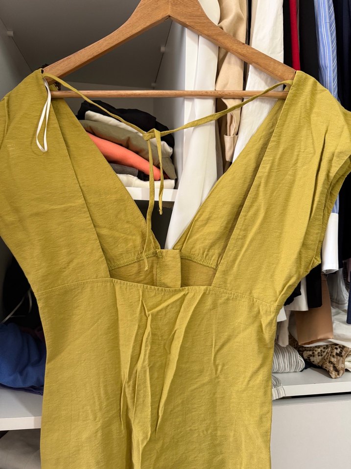 Düğmeli Sarı Keten Uzun Elbise - Görsel 2