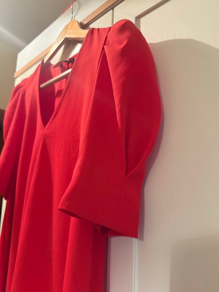 Kırmızı V Yaka Midi Kadın Elbise - Görsel 2