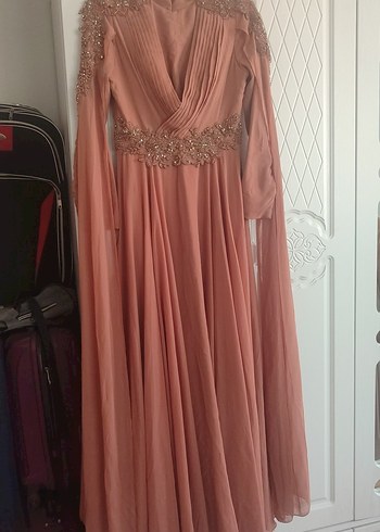 Bej Uzun Kollu Drapeli Abiye Elbise - Görsel 2