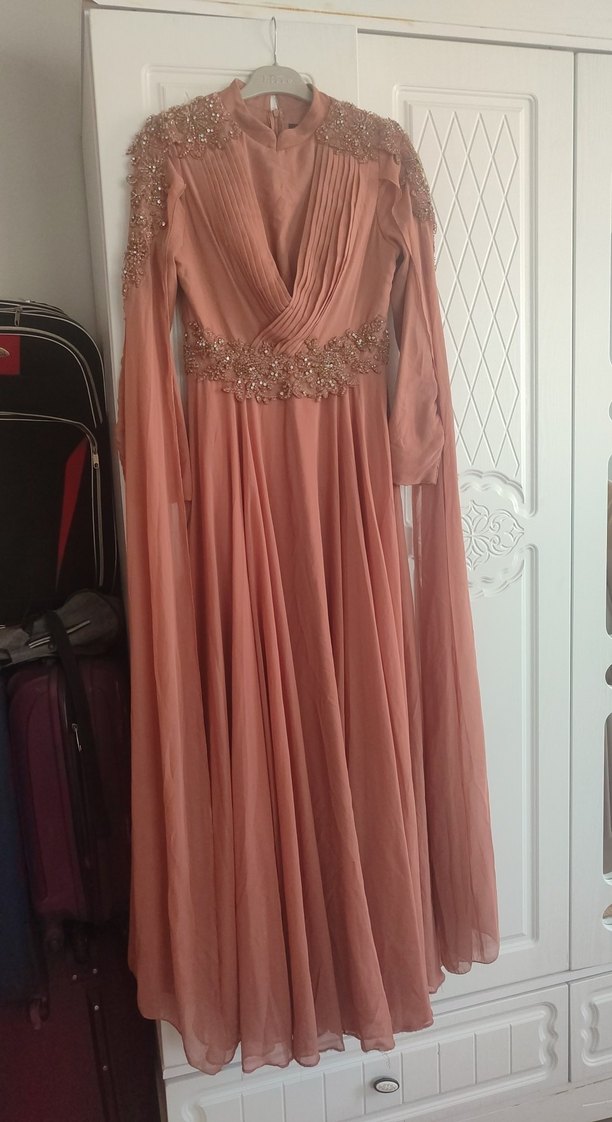 Bej Uzun Kollu Drapeli Abiye Elbise - Görsel 2